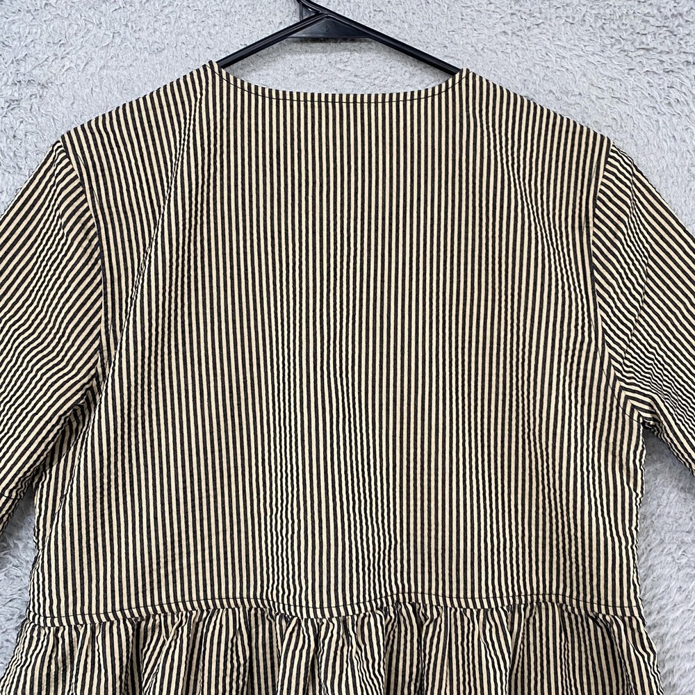 Ganni Seersucker Tie Top Womens 38 Striped Peplum Bow Ruffle Short Sleeve Beige - Picture 11 of 13